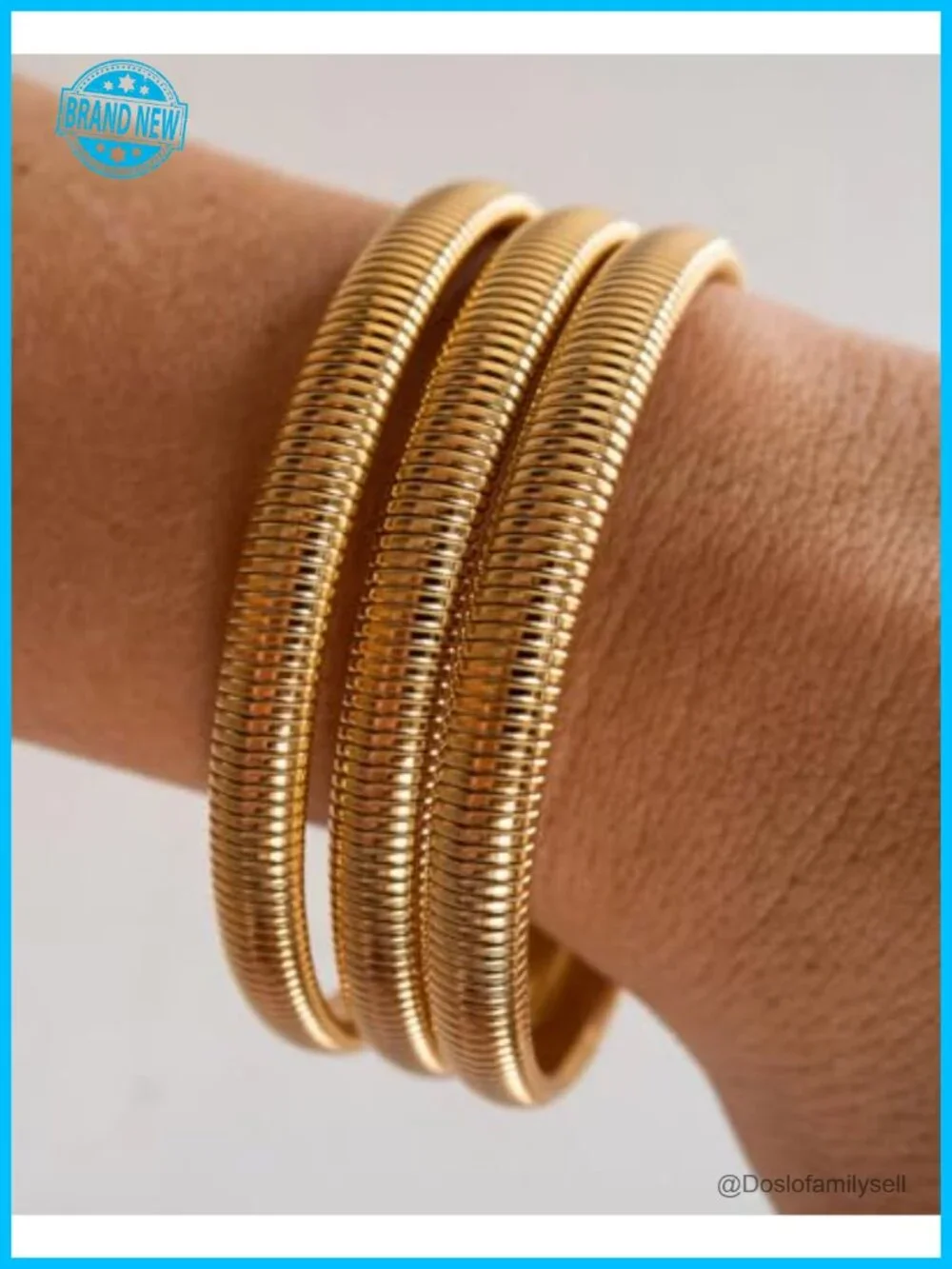 Chunky Bangle Waterproof Bracelets Set 8MM Elastic Stainless Steel Gold Filled